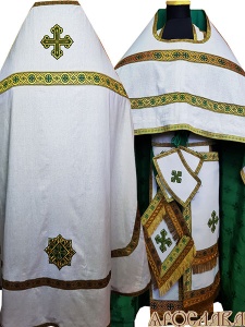 АРТ163.Риза лен, отделка цветной галун (зеленый с золотом).Подклад хлопок с вискозой,с крестовым рисунком,зеленого цвета.