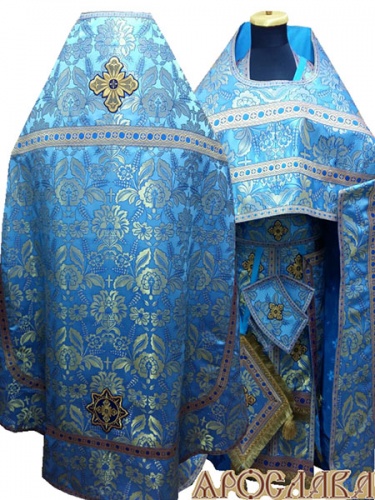 АРТ234. Риза парча греческая Суроти, отделка цветной галун (голубой с золотом), три кисти на палице.