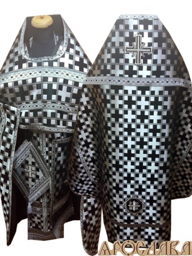 АРТ261. Риза парча Новгородский крест, отделка цветной галун(черный с серебром), витые кисти на палице.
