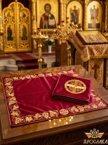 АРТ295. Илитон на престол вышитый Ника. Размер 80*70.Ткань однотонный атласный шелк.