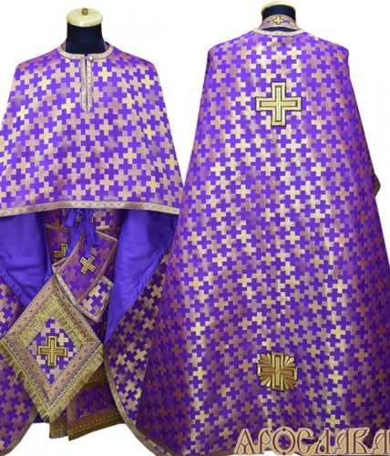 АРТ466. Риза греческий крой, парча Полтавский крест, отделка цветной галун (фиолетовый с золотом).