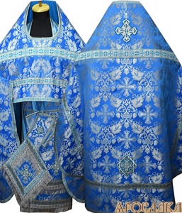 АРТ141. Риза парча Курский, отделка цветной галун (голубой с серебром).
