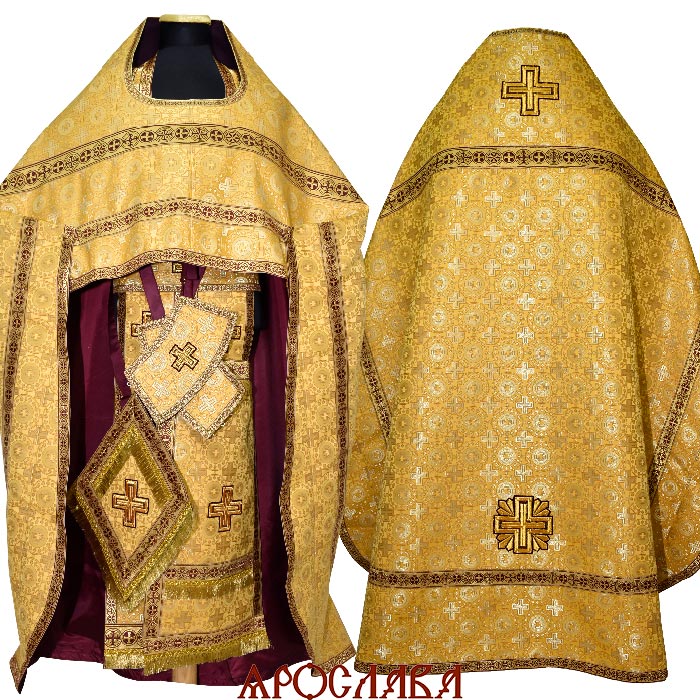 АРТ1597. Риза шелк Мирликийский крест мелкий, отделка цветной галун(бордовый с золотом).