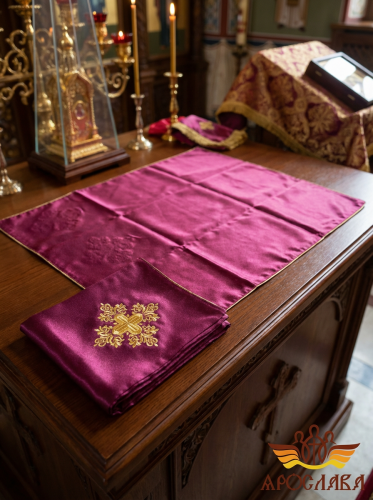 АРТ1823.Илитон на престол вышитый с печатью Крест Преображение. Размер 80*70. Ткань бордовый креп-сатин.