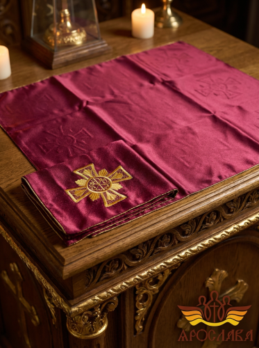 АРТ1824.Илитон на престол вышитый с печатью Держава.Размер 80*70.Ткань бордовый креп-сатин.