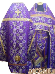 АРТ220. Риза шелк Мирликийский крест крупный, отделка цветной галун(фиолетовый с золотом).