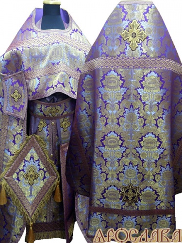 АРТ231. Риза парча Леонилл, отделка цветной галун(фиолетовый с золотом), витая бахрома, кисти на палице.