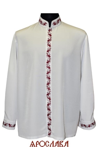 АРТ2436. Рубашка белый мокрый шелк,потайная застежка. Ворот стойка. Вышивка шелком: ворот, планка, манжеты.