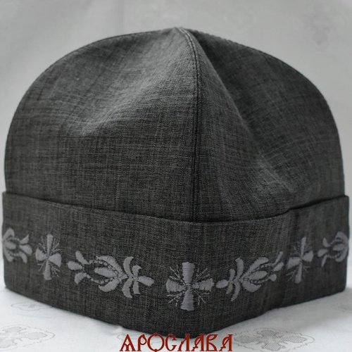 АРТ2796. Скуфия русская, летняя. Ткань меланж. На отвороте вышивка.