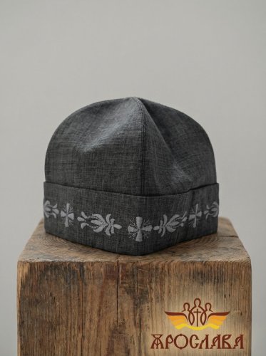 АРТ2796. Скуфия русская, летняя. Ткань меланж. На отвороте вышивка.