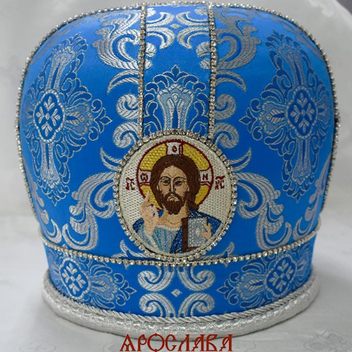 АРТ2803. Митра голубая с серебром парча. Иконы вышитые. Расшита стразовой дорожкой.