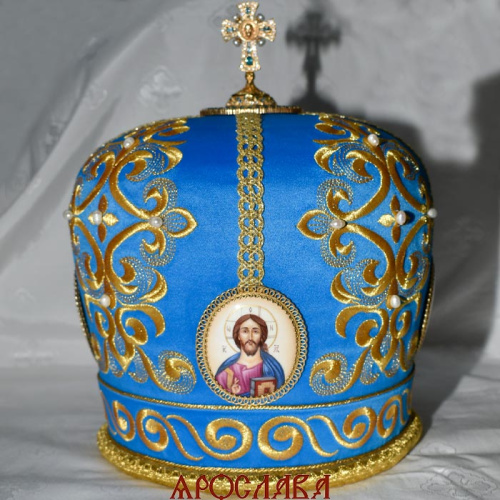 АРТ2808. Митра архиерейская вышитая рисунок Русский Афон.Иконы в рамке. Крест с  фианитами.