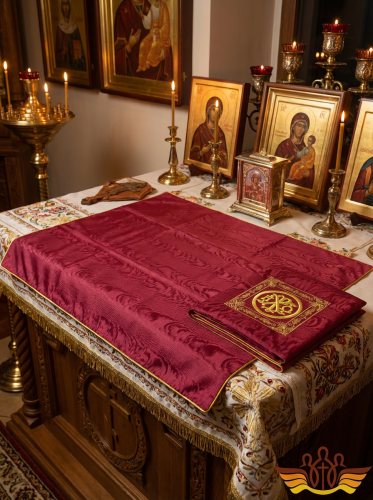 АРТ308. Илитон на престол вышитый с печатью Альфа-Омега. Размер 80*70.Ткань бордовый греческий муар.