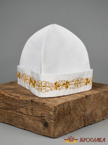 АРТ350. Скуфия русская, летняя. Ткань мокрый шелк. На отвороте вышивка Виноград с крестом. Цвет вышивки золото.
