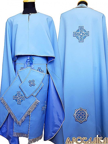 АРТ468. Риза греческий крой, голубой габардин,с кантом серебряного цвета, витая бахрома.